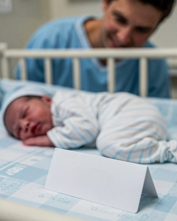 father-newborn-baby-with-blank-card-hospital